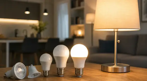 Różne żarówki LED na drewnianym stole, obok lampki. Pokazują one wysoką skuteczność świetlną i nowoczesne oświetlenie domu.