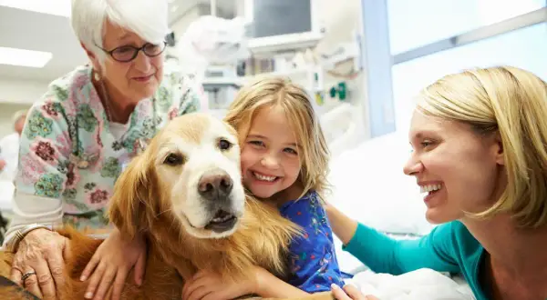 Niña sonriente abraza a un perro de terapia mientras una enfermera y su madre observan.