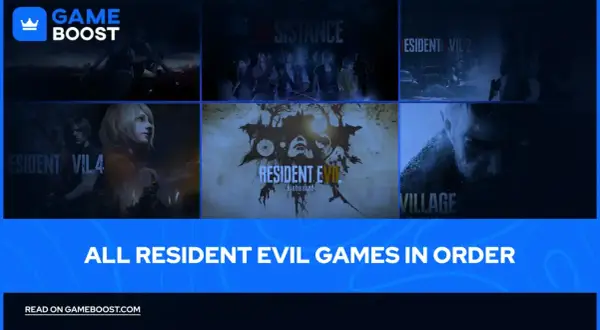 Kolekcja okładek gier Resident Evil, od klasyków po nowsze odsłony, prezentująca serię Resident Evil po kolei.