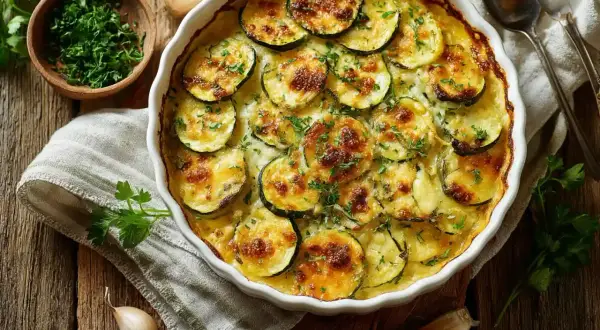 Ein goldbraun gebackener Zucchini-Auflauf mit Käse überbacken, garniert mit frischer Petersilie.