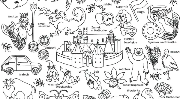 Zestaw rysunków dla 11-latki: smok wawelski, zamek, pierogi, syrenka, miś, żubr i inne polskie symbole.