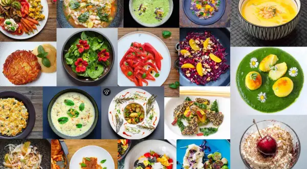 Vielfalt an vegetarischen Gerichten: bunte Salate, Suppen, Aufläufe und Desserts.