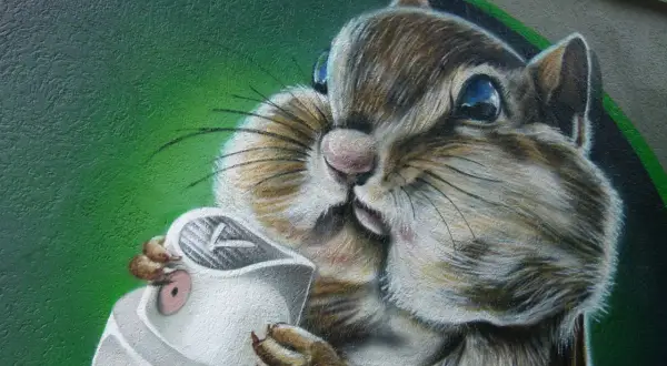 Graffiti eines Eichhörnchens, das eine Spraydose hält, vor grünem Hintergrund.