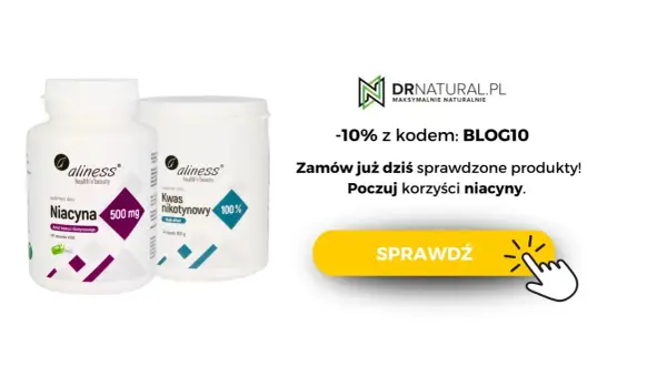 Dwa opakowania suplementu diety Aliness: Niacyna 500 mg (w kapsułkach) i Kwas nikotynowy (proszek). Witamina B3 dla Twojego zdrowia.