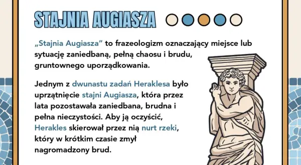 Ilustracja przedstawia antyczną rzeźbę Heraklesa na tle tekstu o "Stajni Augiasza".