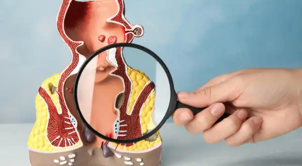 Model anatomiczny przedstawia jelito grube z widocznymi zmianami, które mogą sugerować raka odbytnicy. Lupa powiększa szczegóły.