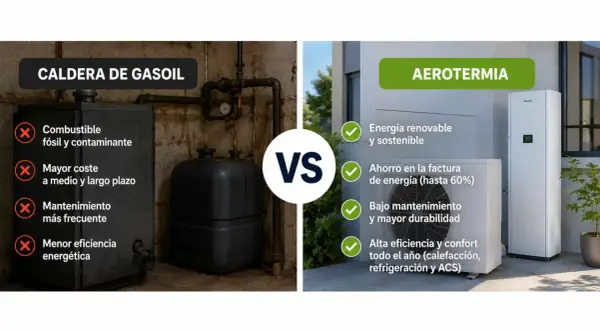 Comparativa: caldera de gasoil vs. aerotermia. Merece la pena sustituir caldera de gasoil por aerotermia por su eficiencia y ahorro.