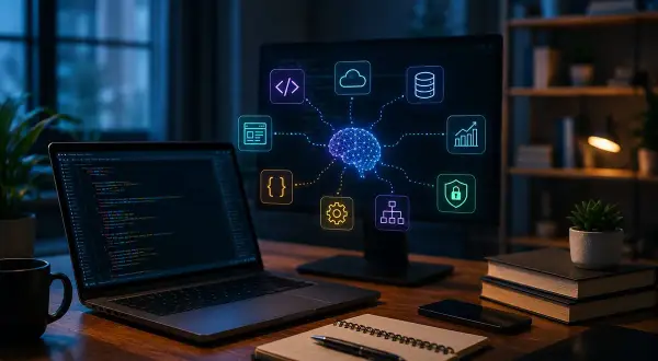 Laptop z kodem, monitor z ikonami symbolizującymi języki programowania, dane, bezpieczeństwo i rozwój.
