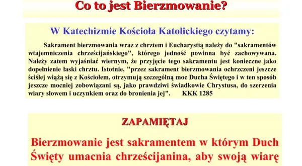 Bierzmowanie po angielsku to "Confirmation". Tekst wyjaśnia, że to sakrament umacniający wiarę.