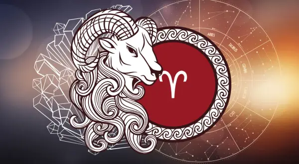 Symbol ♈, głowa barana i koło zodiaku. 14.04 znak zodiaku.