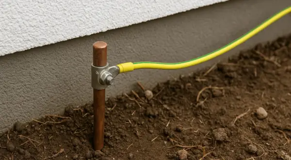 Miedziany pręt wbity w ziemię, podłączony żółto-zielonym przewodem. Pokazuje, jak zrobić uziemienie w starej instalacji, zapewniając bezpieczeństwo.