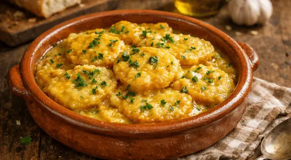 Patatas a la importancia, un plato reconfortante en cazuela de barro, adornado con perejil fresco.