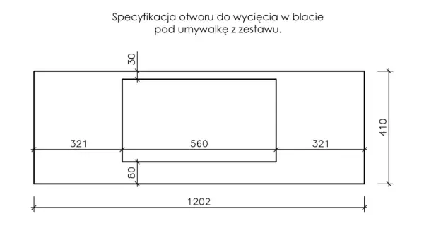 Schemat otworu pod umywalkę nablatową. Wymiary blatu: 1202x410 mm, otwór 560x321 mm.