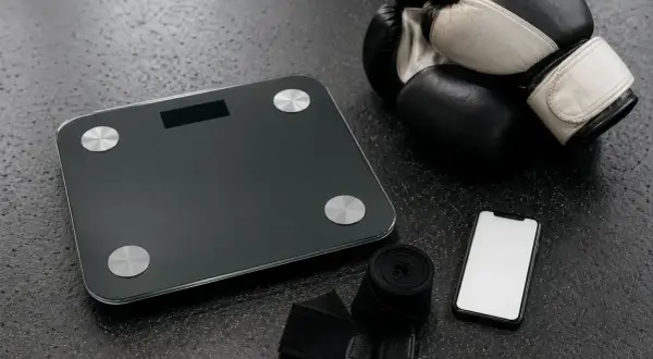 Boxing gloves, hand wraps, a scale, and a smartphone are laid out, ready for an amateur boxer to check their weight for the correct amatuer boxing weight classes.