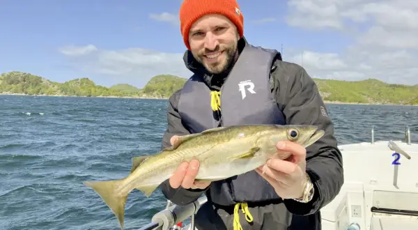 Glücklicher Angler mit frisch gefangenem Fisch vor der Küste von Farsund. Ein perfekter Tag für Angeln Hotspots!