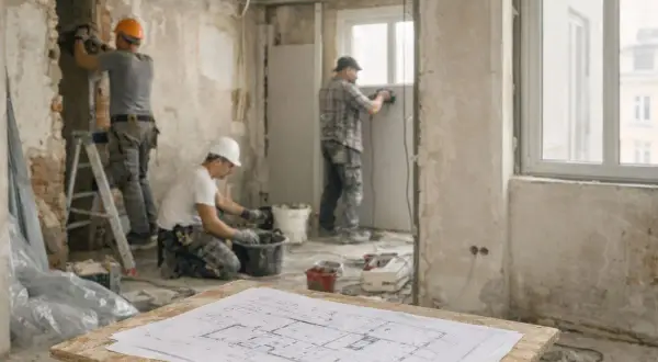 Operai al lavoro in un cantiere, un esempio pratico di ristrutturazione edilizia. Progetti sul tavolo.