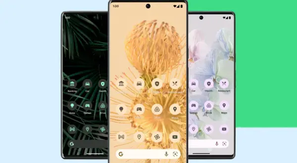Trzy telefony z systemem android 13 prezentują nowe ikony aplikacji i tapety z motywami roślinnymi.