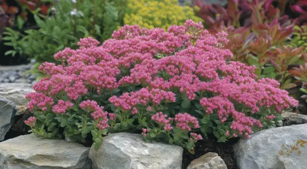 Ein Teppich aus rosa Blüten, typisch für Fetthenne Arten, wächst zwischen grauen Steinen.