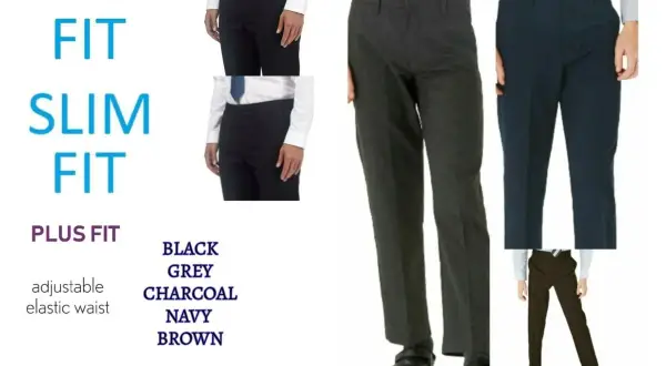 Zdjęcie przedstawia różne kroje i kolory spodni chłopięcych: regular fit, slim fit, plus fit, w kolorach czarnym, szarym, grafitowym, granatowym i brązowym.