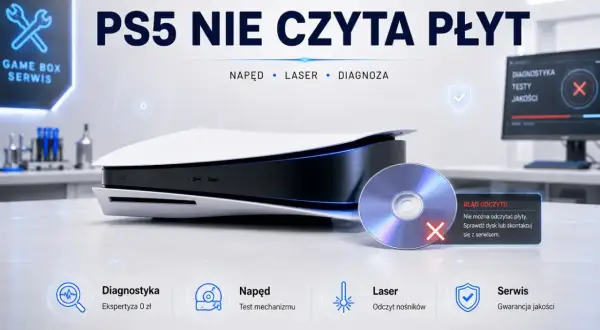 Konsola PS5 obok płyty z błędem odczytu, ikony diagnostyki, napędu, lasera i serwisu.