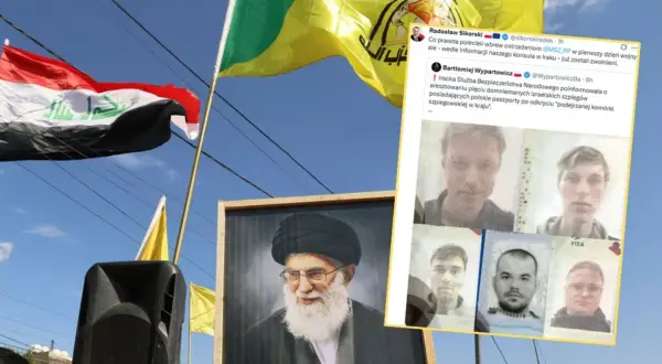 Irak: aresztowania szpiegów z polskimi paszportami. Czy w Iraku jest bezpiecznie? Flagi i portret przywódcy.