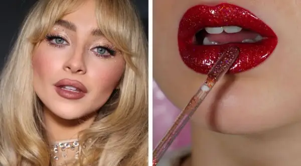 Maquillage yeux Noël facile : paillettes scintillantes sur les paupières et lèvres rouges brillantes pour un look festif.