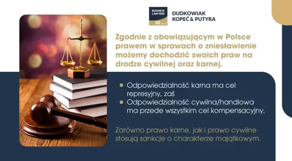 Prawo cywilne i karne chronią przed zniesławieniem. Waga i młotek sędziowski symbolizują sprawiedliwość i dochodzenie praw.