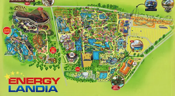 Mapa Energylandii z atrakcjami: Smoczy Gród, Zadra, Mayan, Hyperion, Western Camp, Aqualantis, Sweet Valley, Exotic Island.