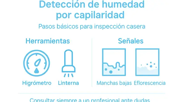 Detección de humedad por capilaridad: herramientas (higrómetro, linterna) y señales (manchas bajas, eflorescencia).