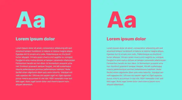Letras para cartel con tipografía "Aa" y texto "Lorem ipsum dolor" sobre fondos rosa y turquesa.