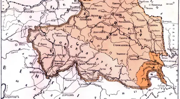 Mapa etnograficzna Galicji z zaznaczonymi miastami i rzekami.