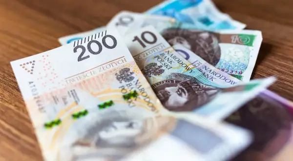 Stos banknotów, w tym 200 i 10 złotych, leży na drewnianym blacie. To skróty na pasku wypłaty.
