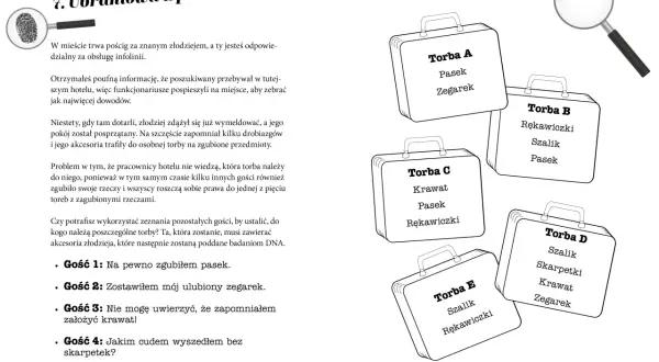 Rozwiąż zagadkę o szafie i zidentyfikuj, które przedmioty należą do złodzieja, analizując zawartość pięciu toreb.