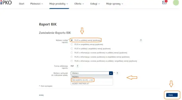 Formularz zamówienia raportu BIK. Wybrano wersję polską. Wybierz rachunek do rozliczenia, by pobrać raport.