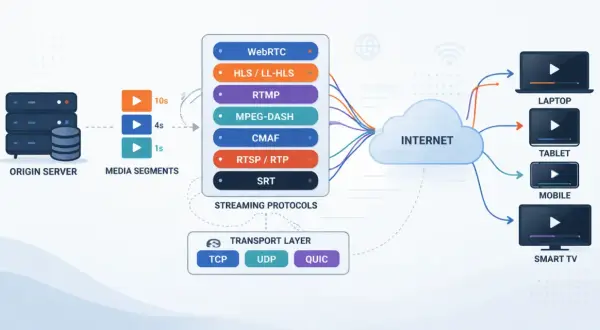 Diagram shows an origin server sending media segments via various streaming protocols like RTSP/RTP, then the internet to devices like laptops and smart TVs.