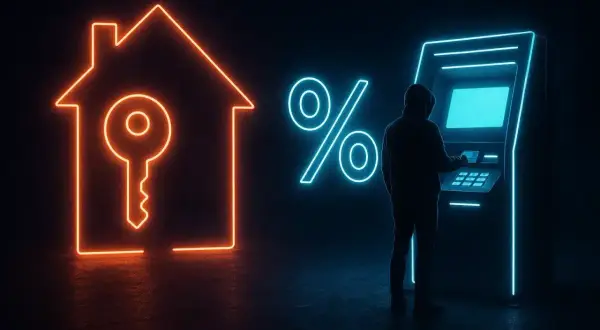 En person vid en bankomat, med symboler för hus, nyckel och procent. Frågan om man kan låna till kontantinsats är central.
