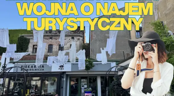 Kobieta z aparatem na tle kamienicy i piekarni. Napisy sugerują debatę o **najem krótkoterminowy** vs. mieszkania dla mieszkańców.