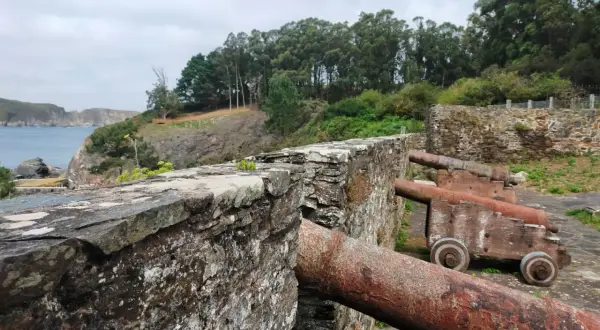 Antiguos cañones apuntan al mar desde el **castillo de la Concepción Cedeira**, rodeado de vegetación y con vistas a la costa.
