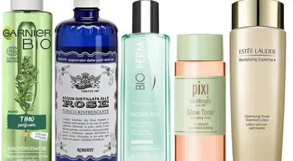 Cinque flaconi di tonico per il viso: Garnier, Roberts, Biotherm, Pixi e Estée Lauder. Cos'è il tonico? Un passo essenziale per una pelle radiosa.