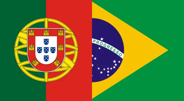 Flagi Portugalii i Brazylii. W Brazylii mówi się po portugalsku, języku pochodzącym z Portugalii.