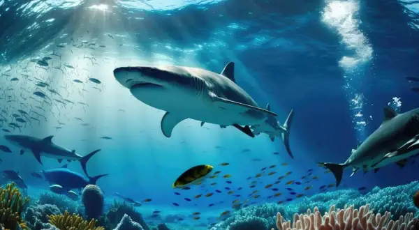 Rekin płynie w głębinach oceanu, otoczony ławicami ryb i koralowcami. To pokazuje, czym się różni morze od oceanu – skalą i różnorodnością życia.