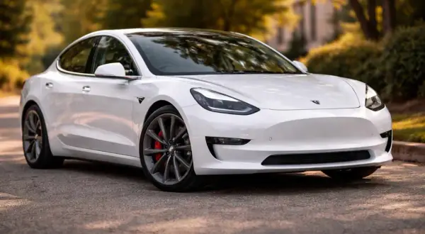 Biały sedan, jeden z popularnych modele samochodów elektrycznych, zaparkowany na tle jesiennych drzew.