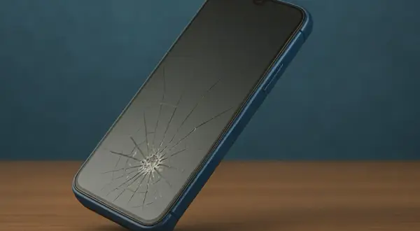 Telefon z pękniętym ekranem, mimo zastosowania folii hydrożelowej, po upadku.