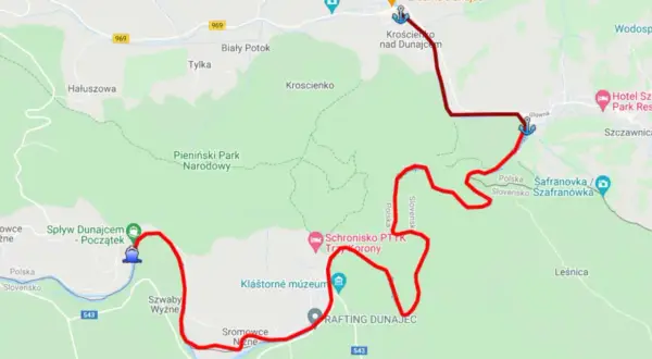 Mapa pokazuje trasę spływu Dunajcem, zaznaczoną na czerwono. Widoczny jest punkt, gdzie zaczyna się spływ Dunajcem, w okolicach Sromowiec Niżnych.