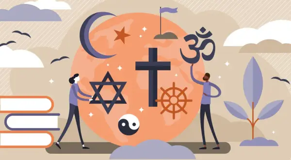 Menschen präsentieren Symbole verschiedener Religionen und Kulturen. Ein friedliches Miteinander von Kultur und Religion.