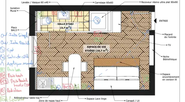 Plan d'un studio avec salle d'eau, espace de vie, et indications pour le prix d'installation électrique d'un appartement.
