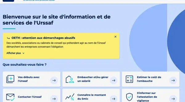 Page d'accueil Urssaf : informations, services, et une alerte sur les démarchages abusifs. Utile pour trouver un modèle lettre urssaf gratuite.