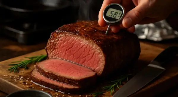 Un succulento arrosto di manzo, appena cotto, viene controllato con un termometro. La carne è rosata e invitante, con fette già pronte per essere servite.