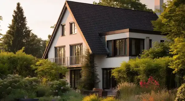 Ein modernes Haus mit Garten. Die Faustregel Kosten Hausbau ist hier gut umgesetzt.