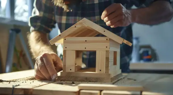 Carpintero ensambla un tejado de madera para una casita, mostrando cómo hacer un tejado con vigas de madera y tejas.